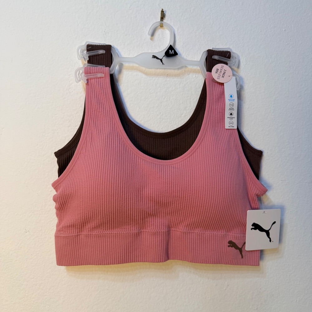 Puma Womens 2 Pack Seamless Sports Bras Ribbed Pink Brown Medium NWT